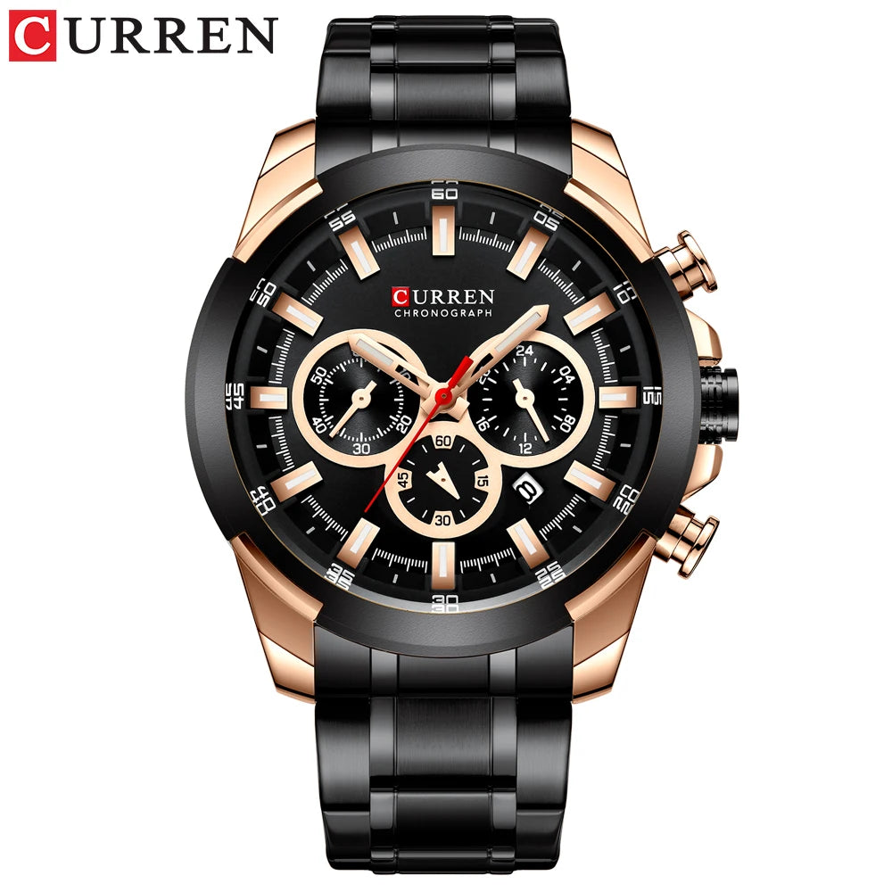 Relógio de pulso esportivo casual CURREN com pulseira de aço inoxidável e cronógrafo, relógio masculino de quartzo original de luxo