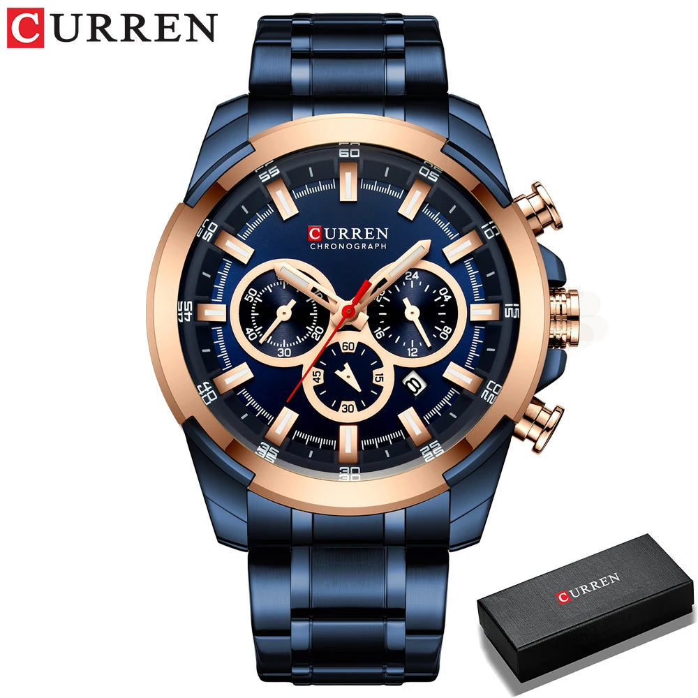 Relógio de pulso esportivo casual CURREN com pulseira de aço inoxidável e cronógrafo, relógio masculino de quartzo original de luxo
