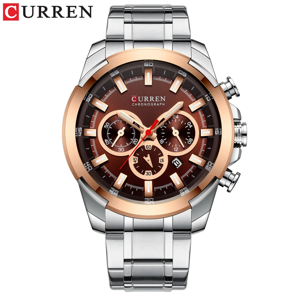 Relógio de pulso esportivo casual CURREN com pulseira de aço inoxidável e cronógrafo, relógio masculino de quartzo original de luxo