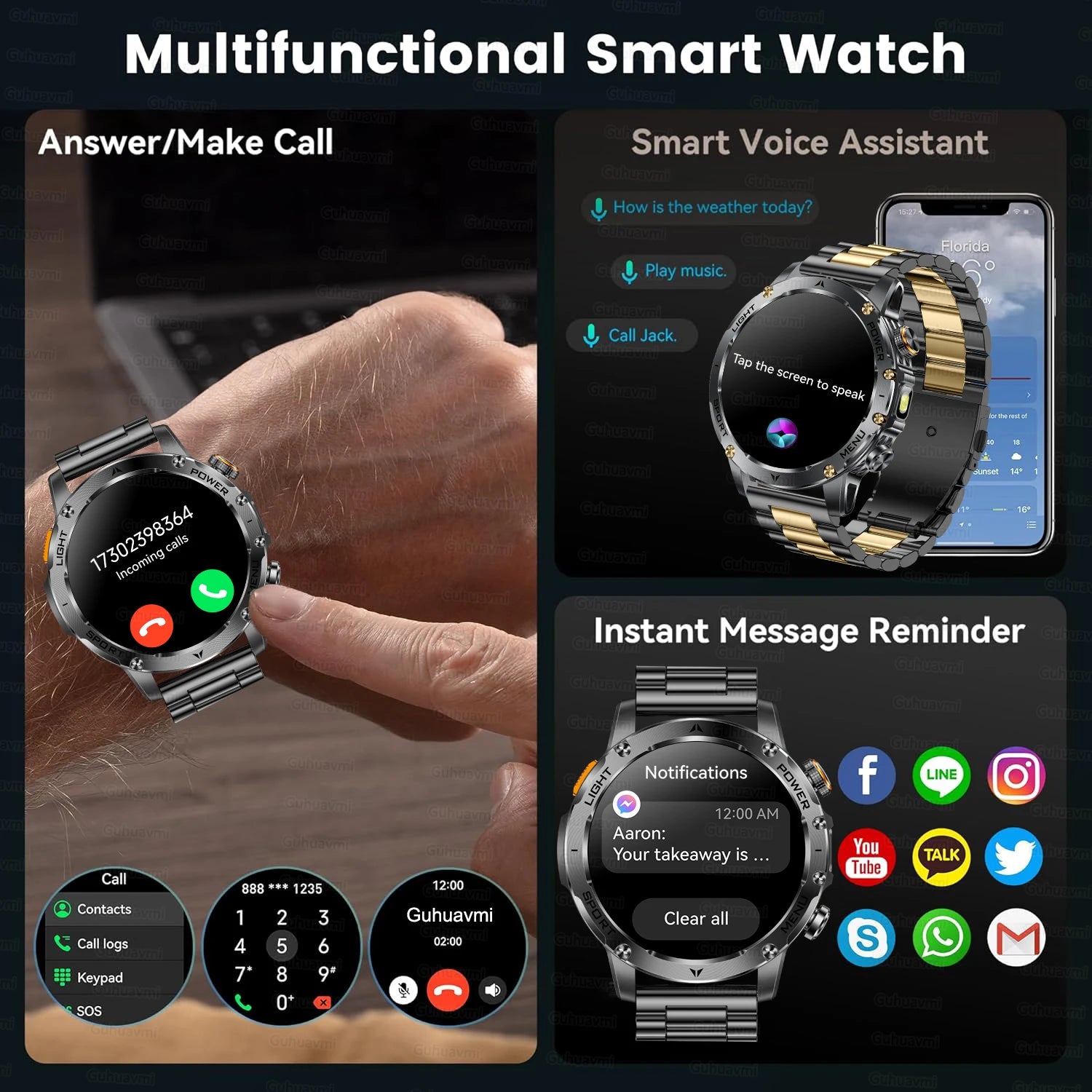 Novo relógio inteligente masculino de nível militar com bateria de 1000mAh, tela AMOLED de 1,7 polegadas, à prova d'água.
