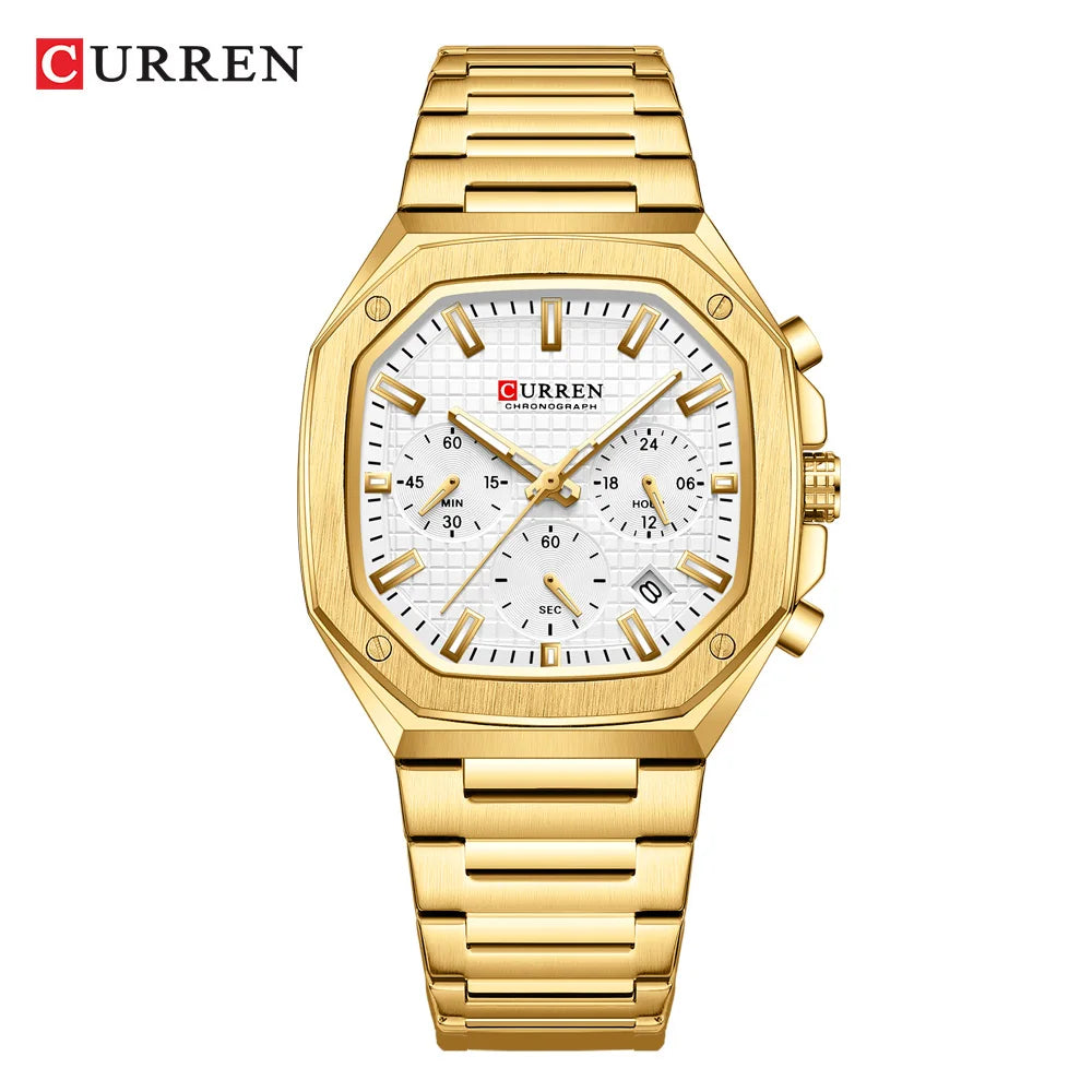 CURREN Casual Versatility Men's Square Stainless Steel Chronograph Watch with Date Vintage-Inspired Design Quartz Wristwatch