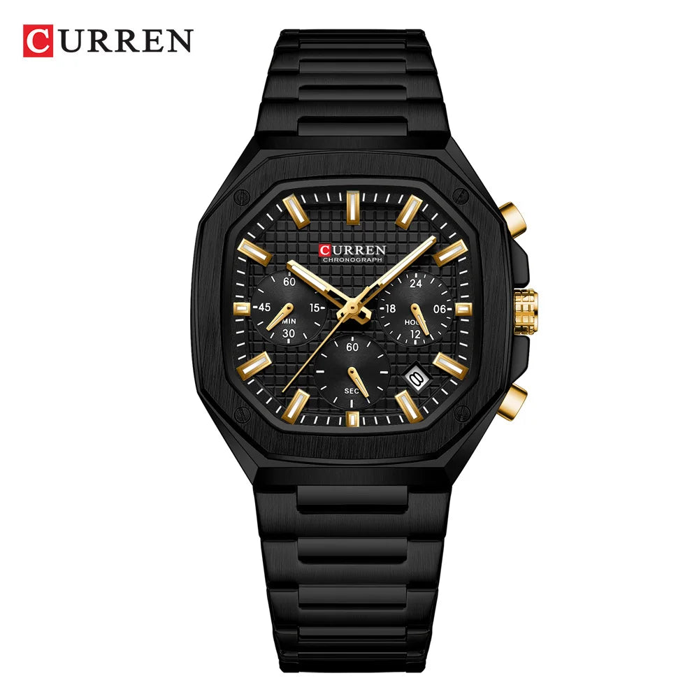 CURREN Casual Versatility Men's Square Stainless Steel Chronograph Watch with Date Vintage-Inspired Design Quartz Wristwatch