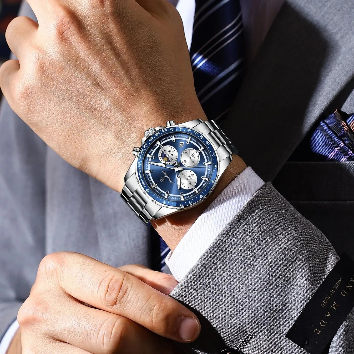 POEDAGAR Luxury Sport Watch For Men Waterproof Luminous Date Chronograph Man Wristwatch Stainless Steel Men's Quartz Watches+Box