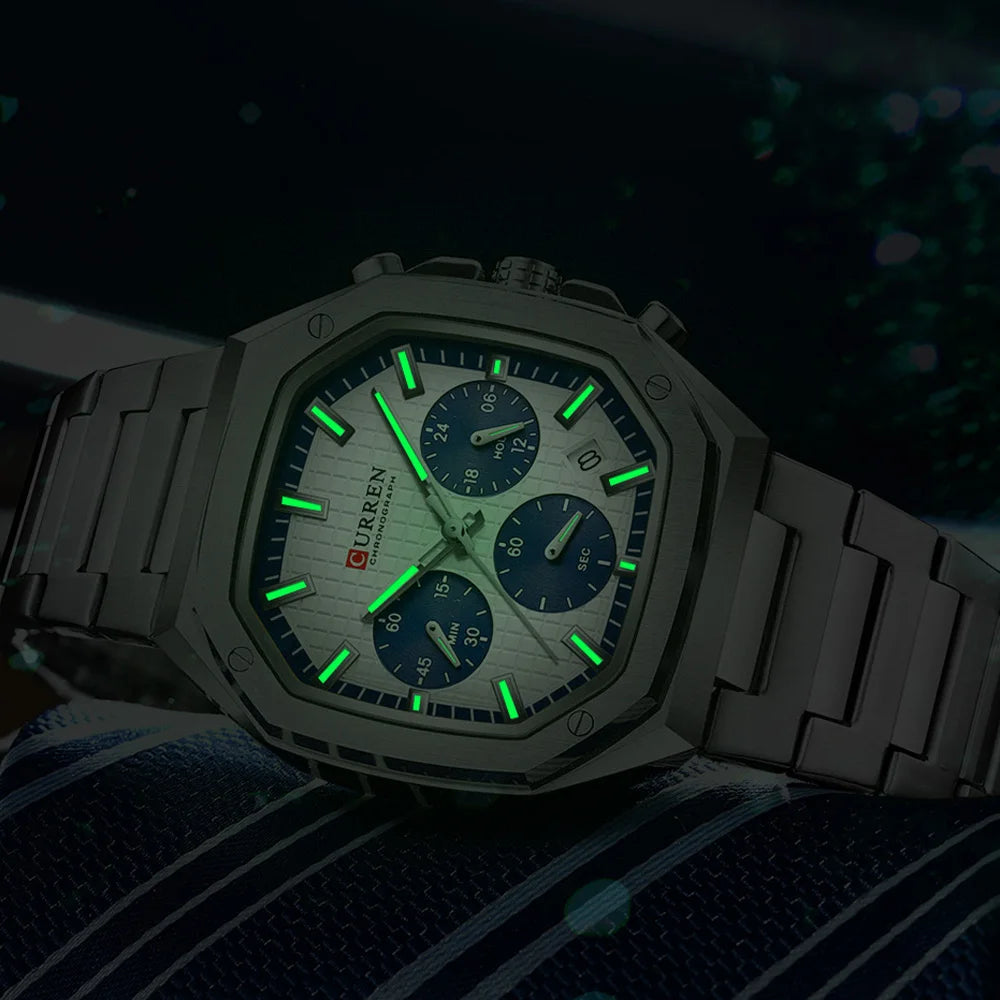 CURREN Casual Versatility Men's Square Stainless Steel Chronograph Watch with Date Vintage-Inspired Design Quartz Wristwatch