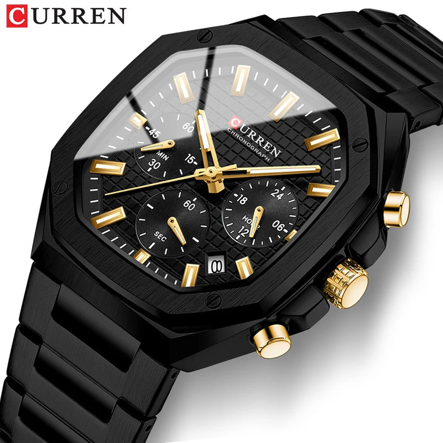 CURREN Casual Versatility Men's Square Stainless Steel Chronograph Watch with Date Vintage-Inspired Design Quartz Wristwatch