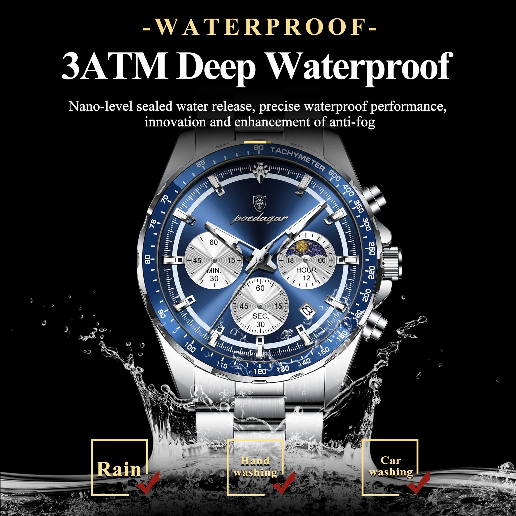 POEDAGAR Luxury Sport Watch For Men Waterproof Luminous Date Chronograph Man Wristwatch Stainless Steel Men's Quartz Watches+Box