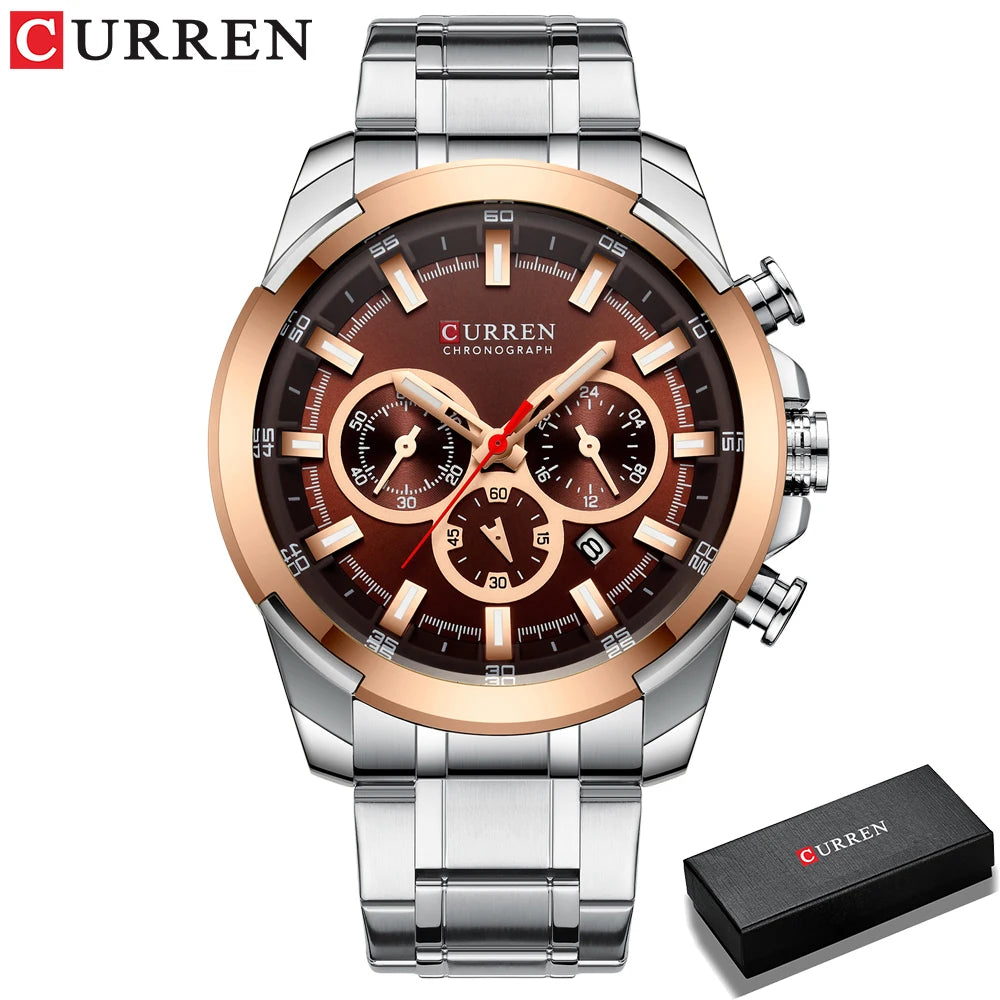 Relógio de pulso esportivo casual CURREN com pulseira de aço inoxidável e cronógrafo, relógio masculino de quartzo original de luxo