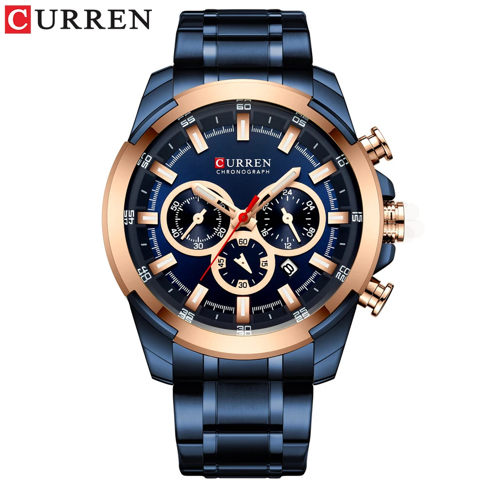Relógio de pulso esportivo casual CURREN com pulseira de aço inoxidável e cronógrafo, relógio masculino de quartzo original de luxo