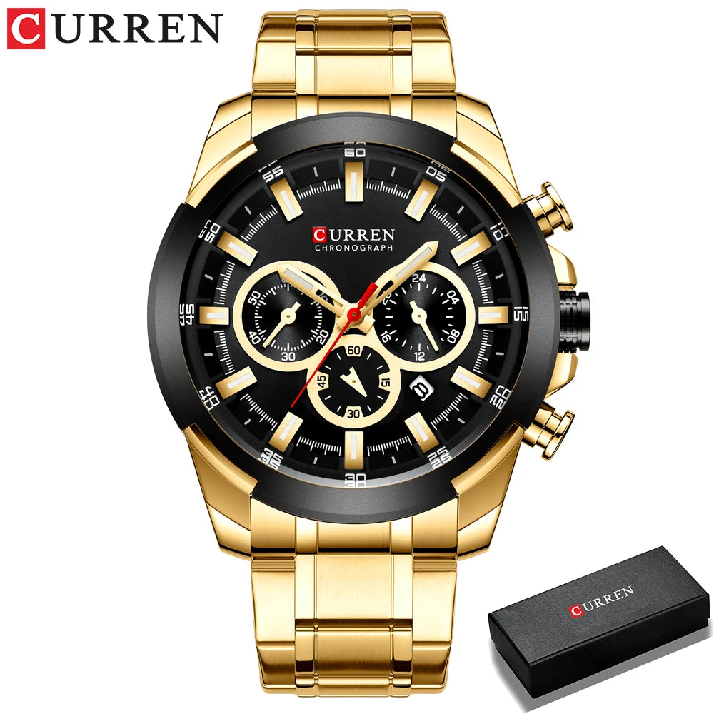 Relógio de pulso esportivo casual CURREN com pulseira de aço inoxidável e cronógrafo, relógio masculino de quartzo original de luxo