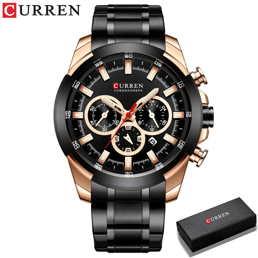 Relógio de pulso esportivo casual CURREN com pulseira de aço inoxidável e cronógrafo, relógio masculino de quartzo original de luxo