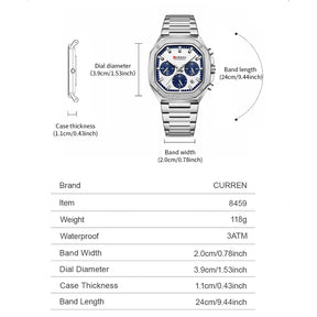 CURREN Casual Versatility Men's Square Stainless Steel Chronograph Watch with Date Vintage-Inspired Design Quartz Wristwatch
