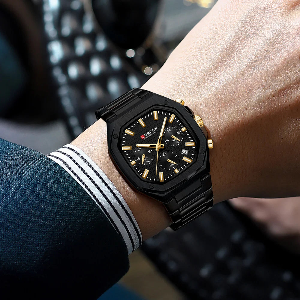 CURREN Casual Versatility Men's Square Stainless Steel Chronograph Watch with Date Vintage-Inspired Design Quartz Wristwatch