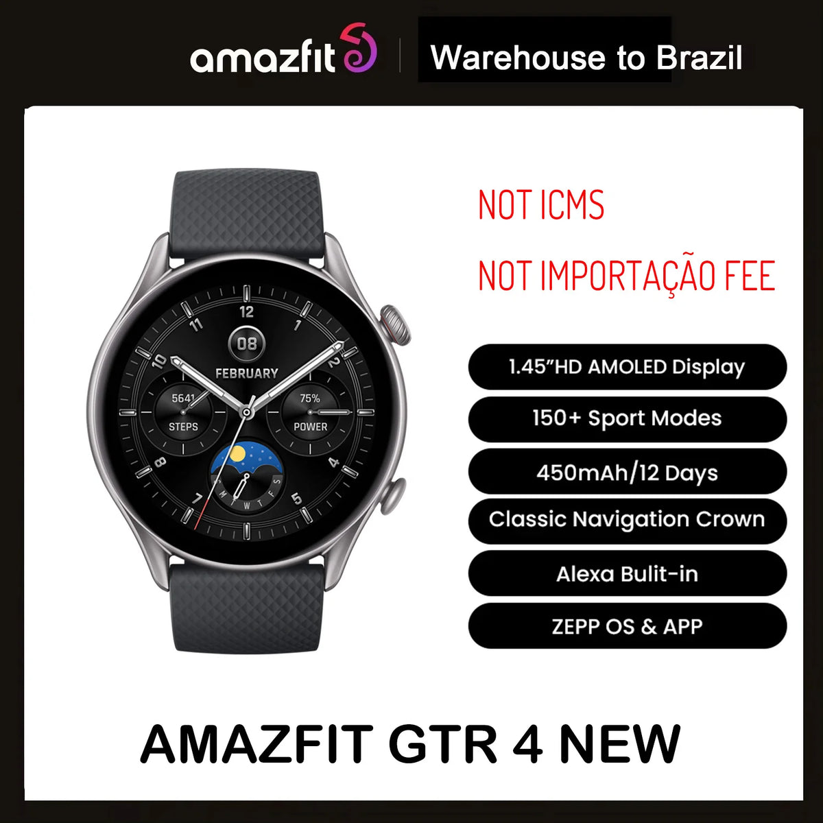 Amazfit GTR 4 NOVA Versão 2024, 46 mm, Smartwatch com Tela AMOLED, Aplicativo Zepp OS, Bateria com duração de 12 dias, Relógio GPS para Android e iOS