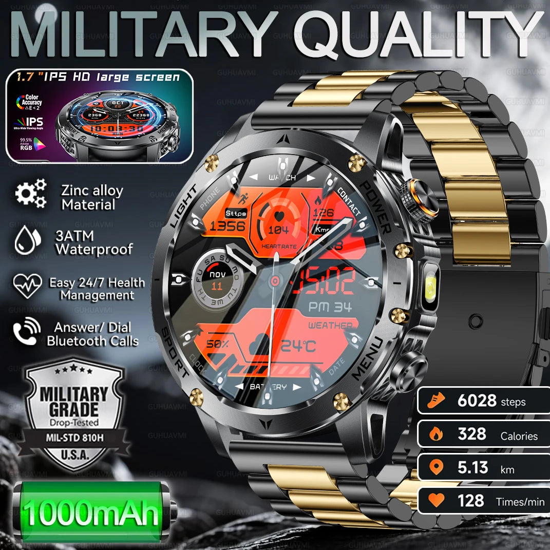 Novo relógio inteligente masculino de nível militar com bateria de 1000mAh, tela AMOLED de 1,7 polegadas, à prova d'água.