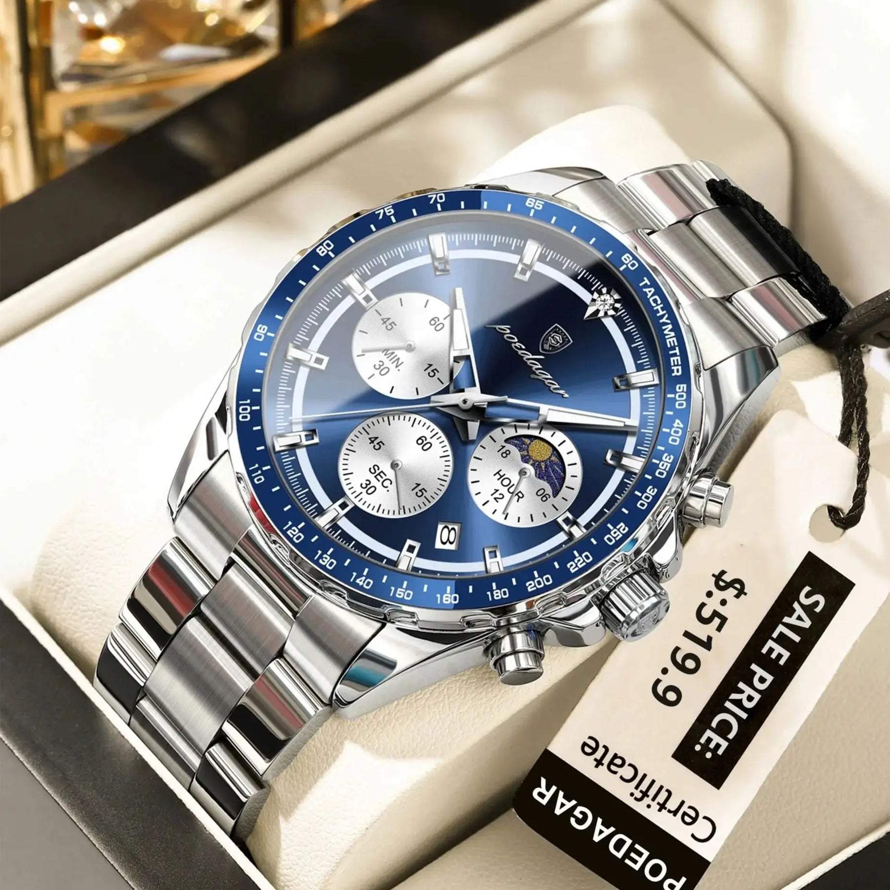 POEDAGAR Luxury Sport Watch For Men Waterproof Luminous Date Chronograph Man Wristwatch Stainless Steel Men's Quartz Watches+Box