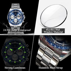 POEDAGAR Luxury Sport Watch For Men Waterproof Luminous Date Chronograph Man Wristwatch Stainless Steel Men's Quartz Watches+Box