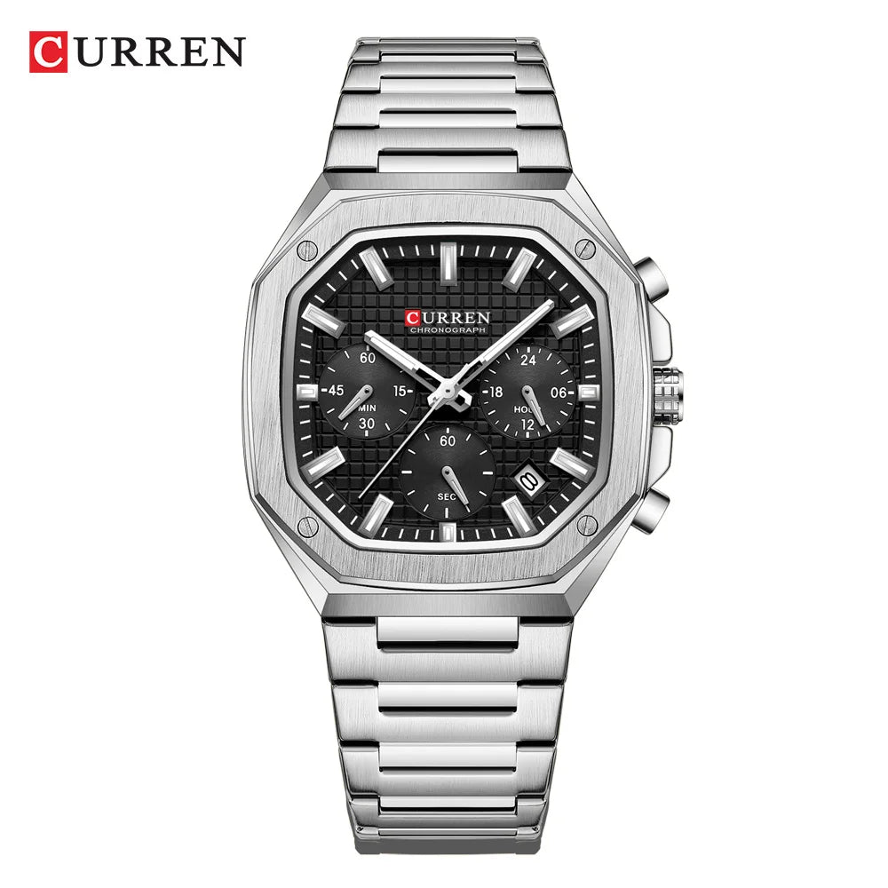 CURREN Casual Versatility Men's Square Stainless Steel Chronograph Watch with Date Vintage-Inspired Design Quartz Wristwatch