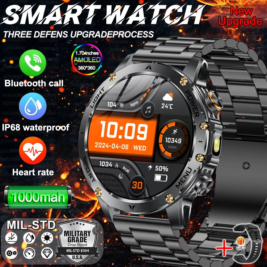 Novo relógio inteligente masculino de nível militar com bateria de 1000mAh, tela AMOLED de 1,7 polegadas, à prova d'água.