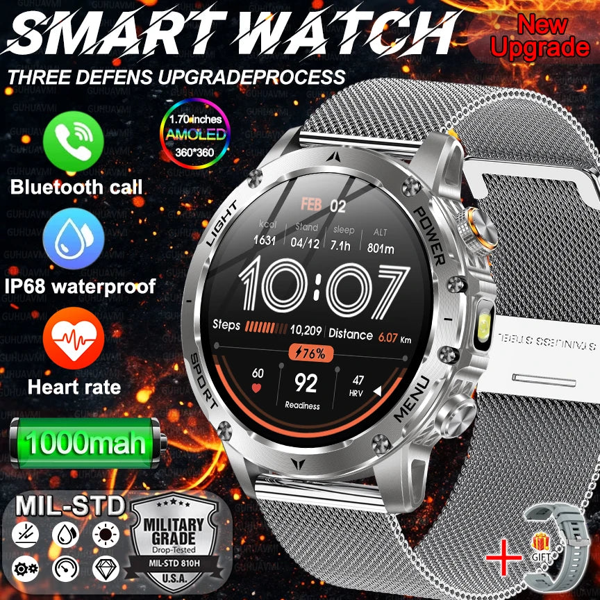 Novo relógio inteligente masculino de nível militar com bateria de 1000mAh, tela AMOLED de 1,7 polegadas, à prova d'água.