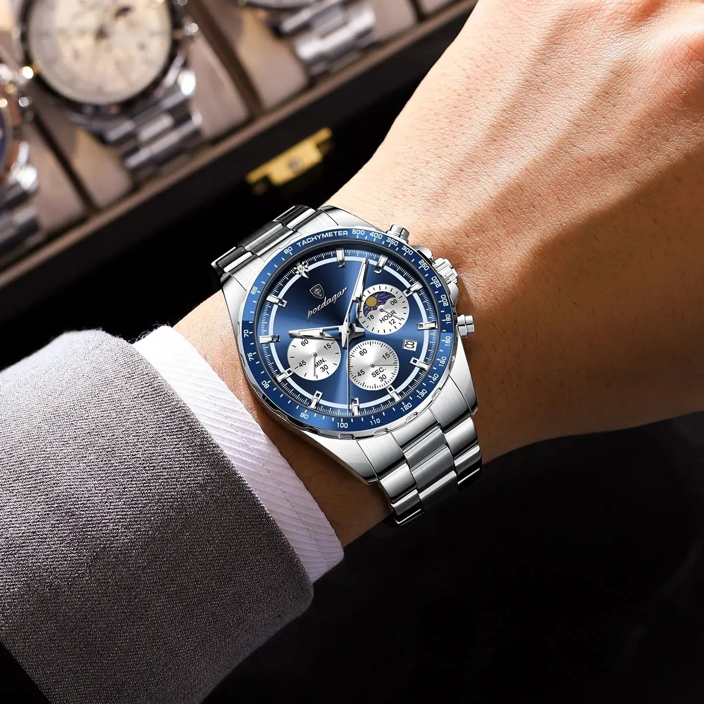 POEDAGAR Luxury Sport Watch For Men Waterproof Luminous Date Chronograph Man Wristwatch Stainless Steel Men's Quartz Watches+Box