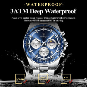 POEDAGAR Luxury Sport Watch For Men Waterproof Luminous Date Chronograph Man Wristwatch Stainless Steel Men's Quartz Watches+Box