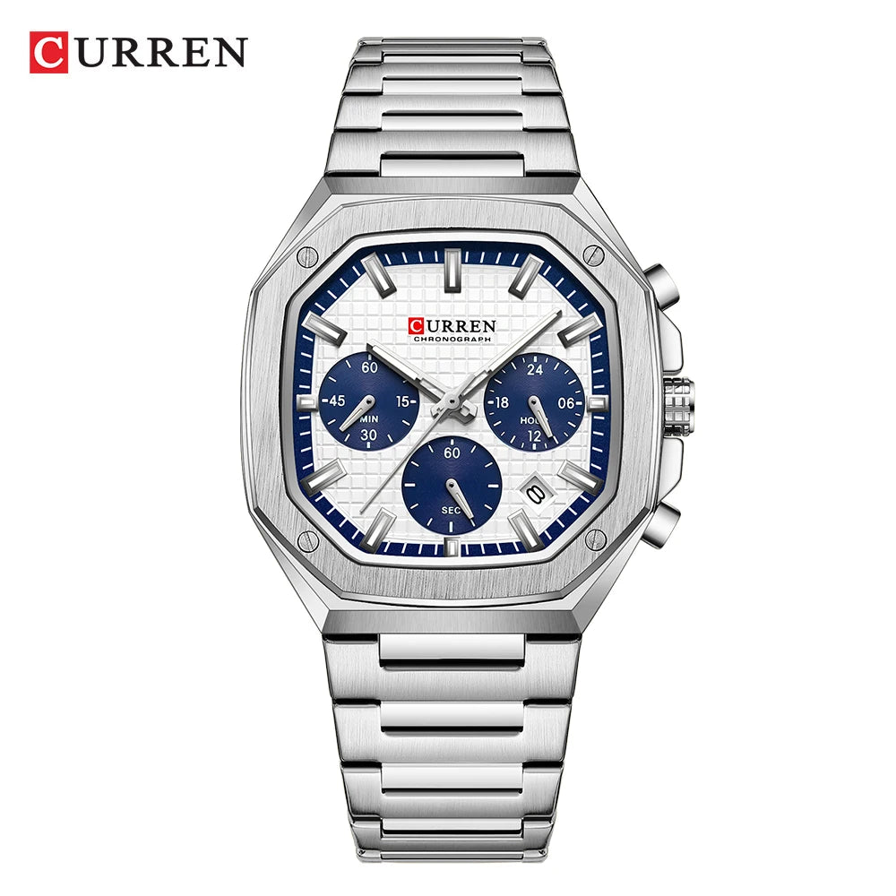 CURREN Casual Versatility Men's Square Stainless Steel Chronograph Watch with Date Vintage-Inspired Design Quartz Wristwatch
